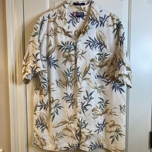Chaps Ralph Lauren Shirt Mens Large Cream Blue Hawaiian Tropical Button Down Fun